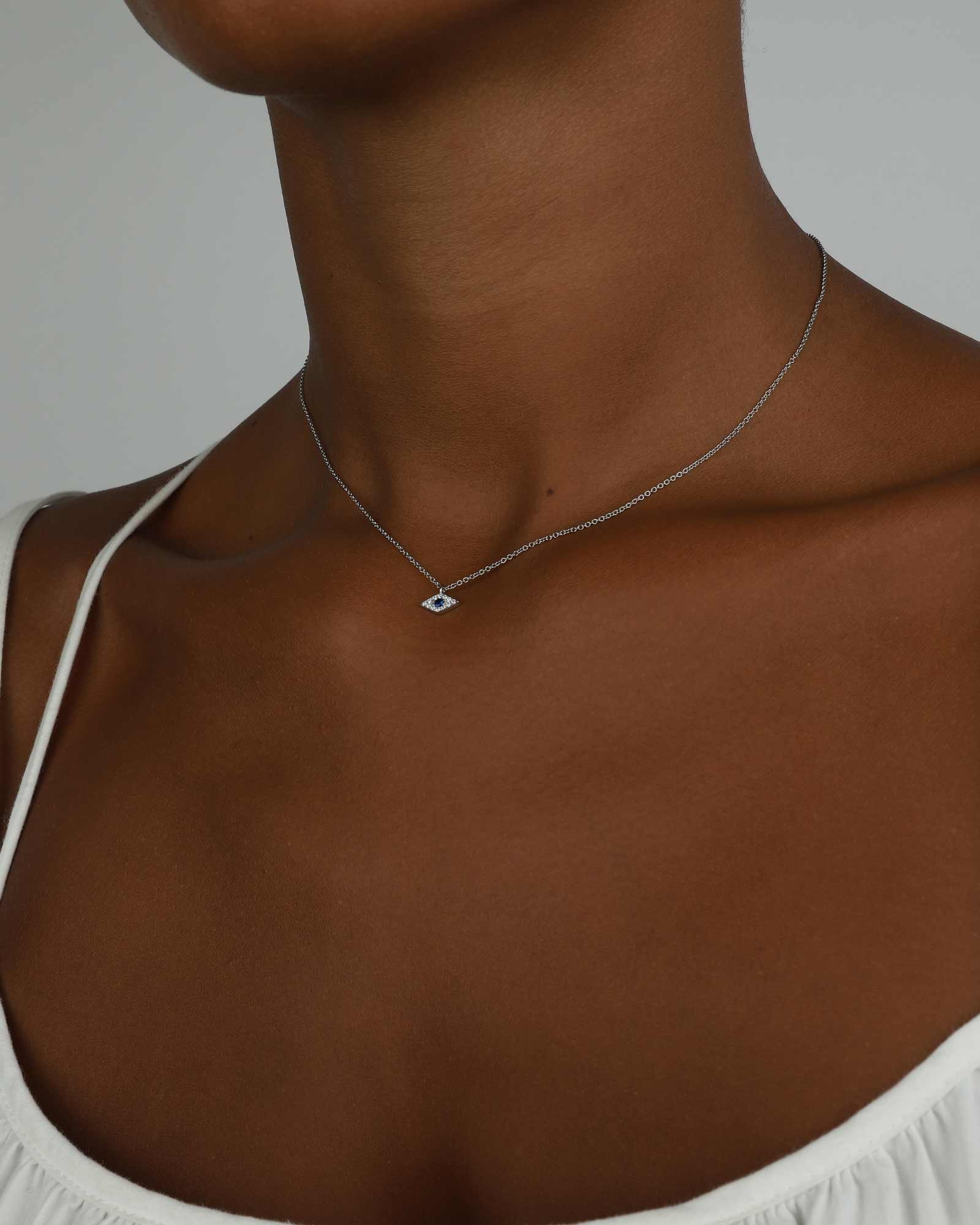 Quiet Icon-Small Evil Eye CZ Necklace-Necklaces-Rhodium Plated Sterling Silver, Cubic Zirconia-Blue Ruby Jewellery-Vancouver Canada