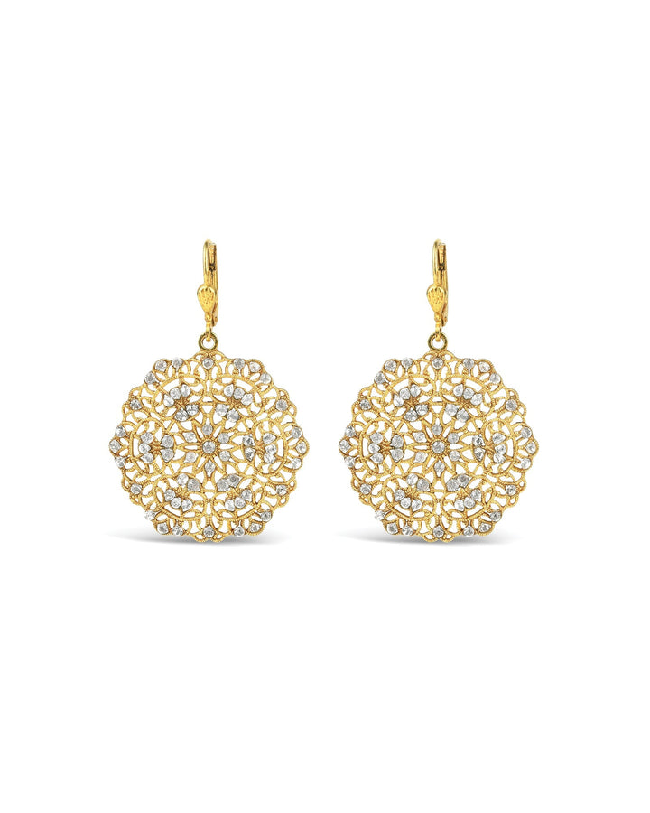 La Vie Parisienne-Small Round Filigree Hooks-Earrings-14k Gold Plated, White Crystal-Blue Ruby Jewellery-Vancouver Canada