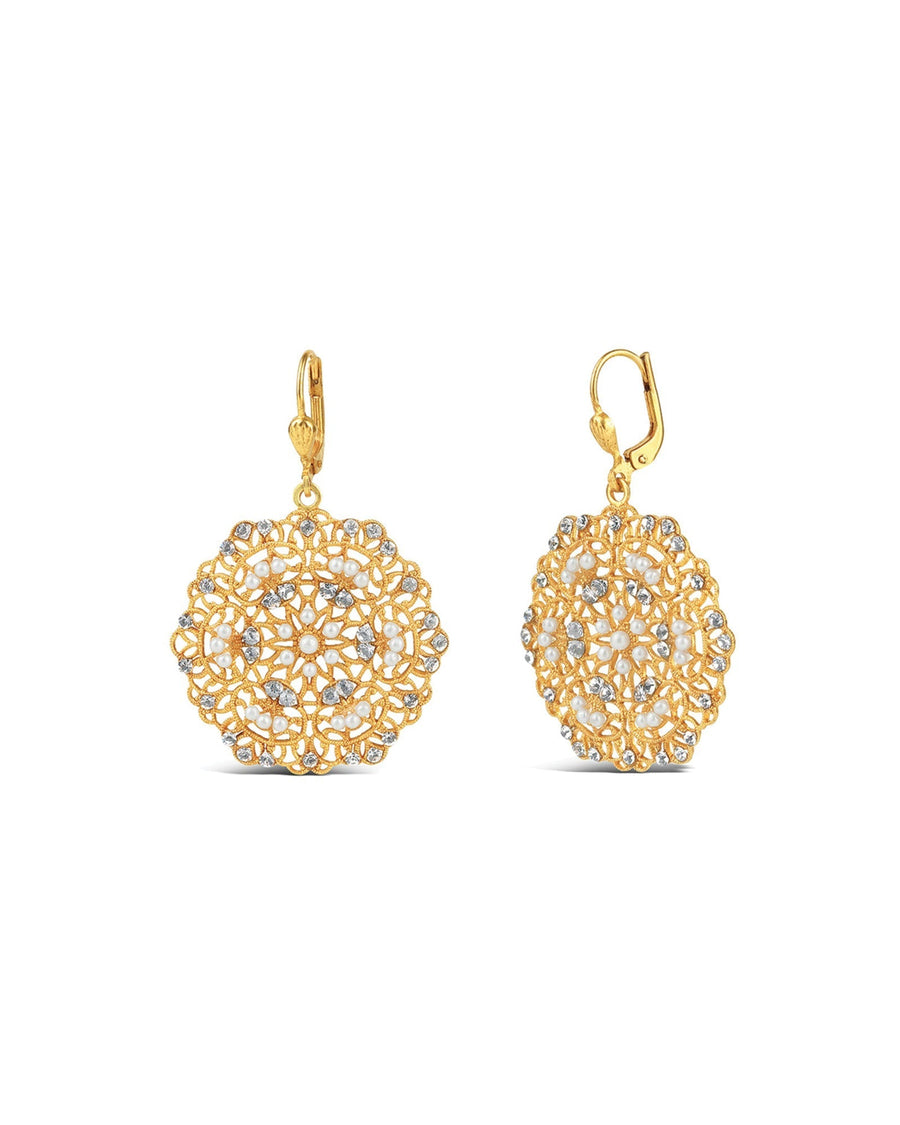 La Vie Parisienne-Small Round Filigree Hooks-Earrings-14k Gold Plated, White Pearl-Blue Ruby Jewellery-Vancouver Canada