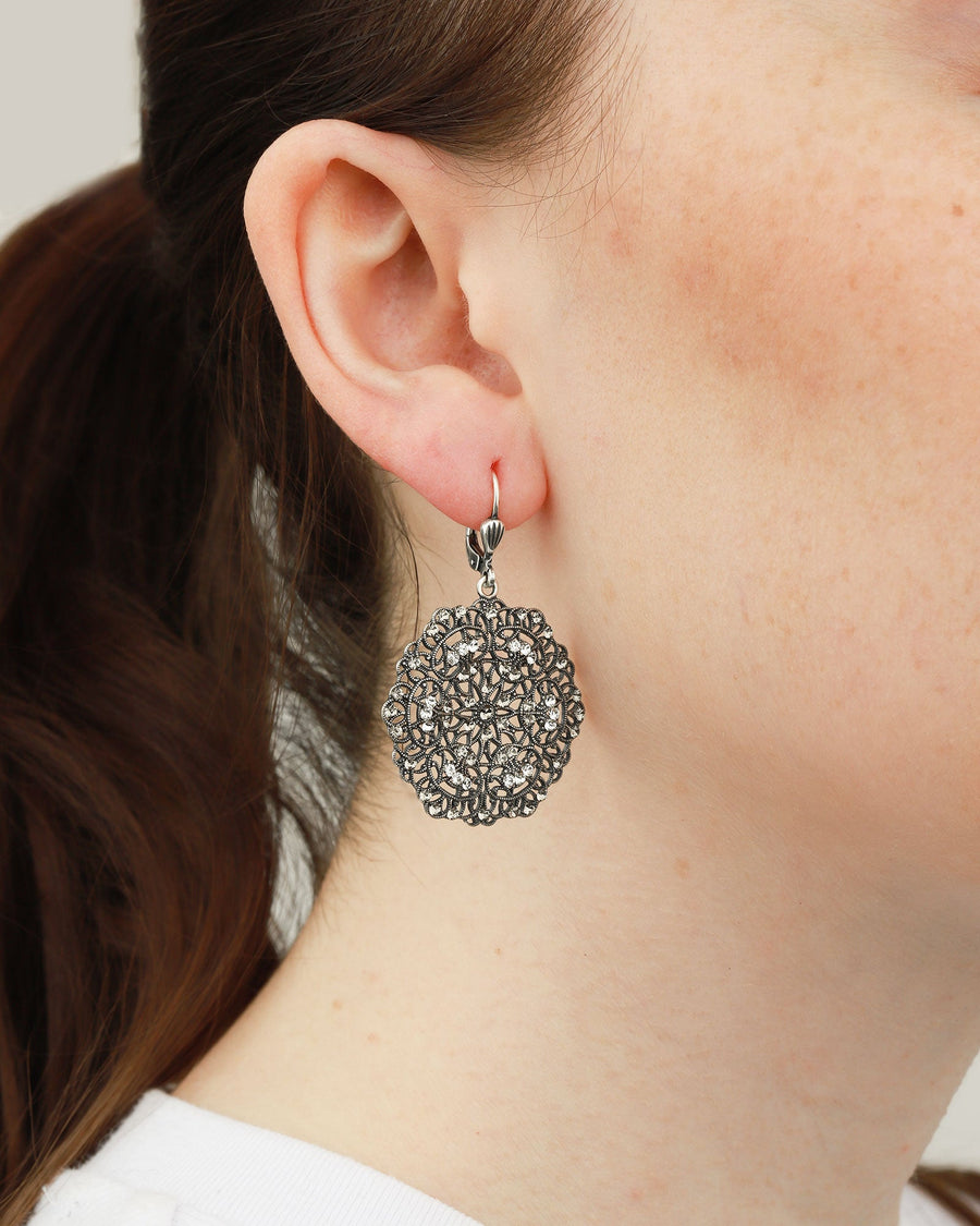 La Vie Parisienne-Small Round Filigree Hooks-Earrings-Sterling Silver Plated, White Crystal, Black Diamond Crystal-Blue Ruby Jewellery-Vancouver Canada