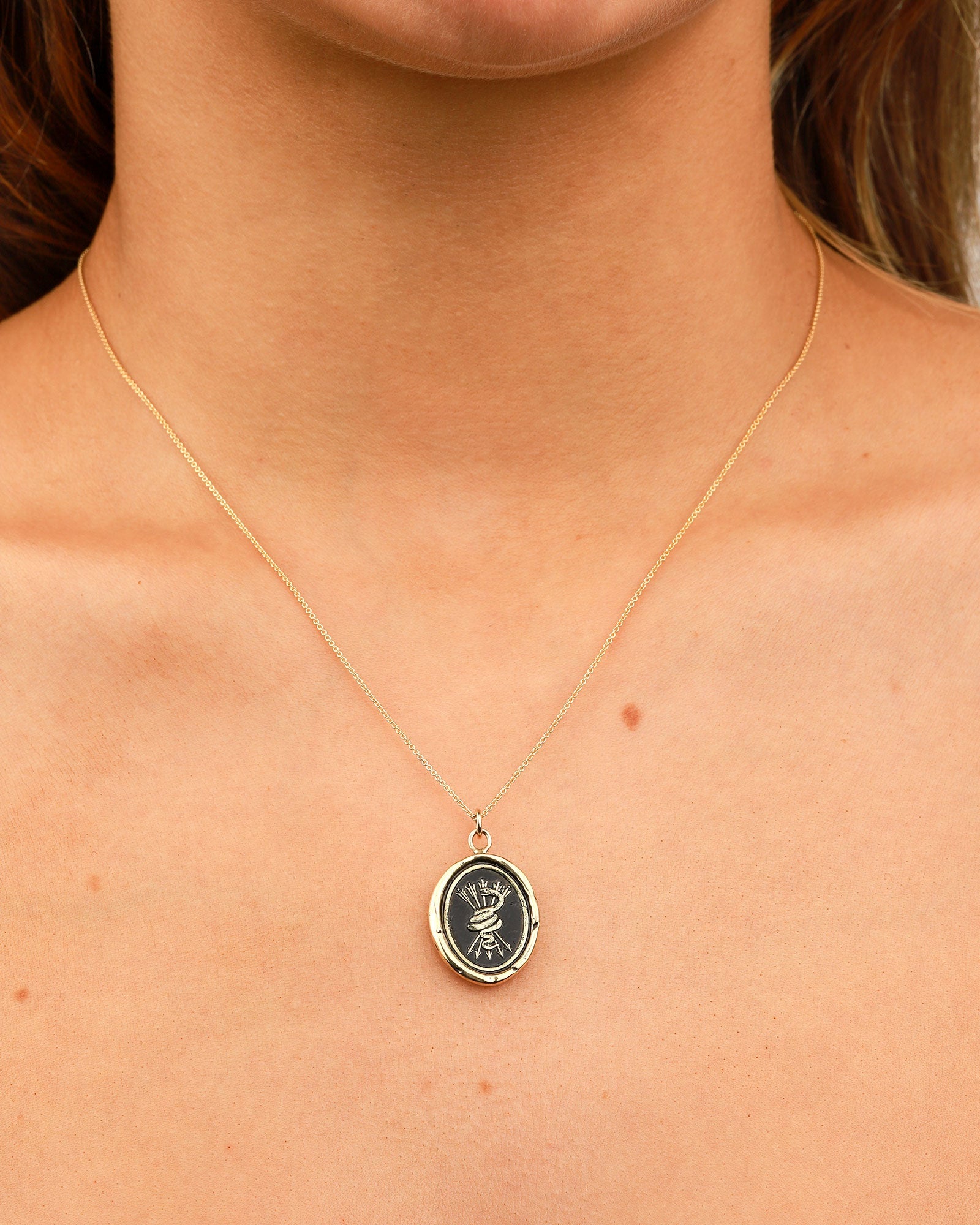 Pyrrha-Snake & Arrows 14k Signature Talisman-Necklaces-14k Yellow Gold-Blue Ruby Jewellery-Vancouver Canada