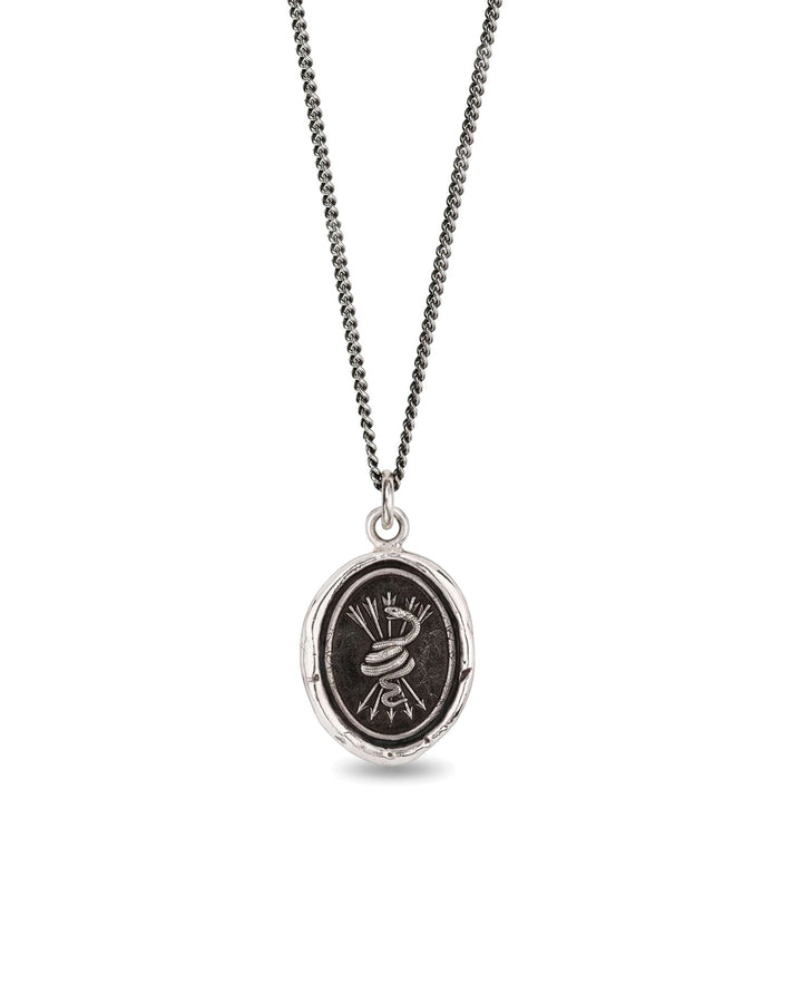 Pyrrha-Snake & Arrows Talisman-Necklaces-Oxidized Sterling Silver-Blue Ruby Jewellery-Vancouver Canada