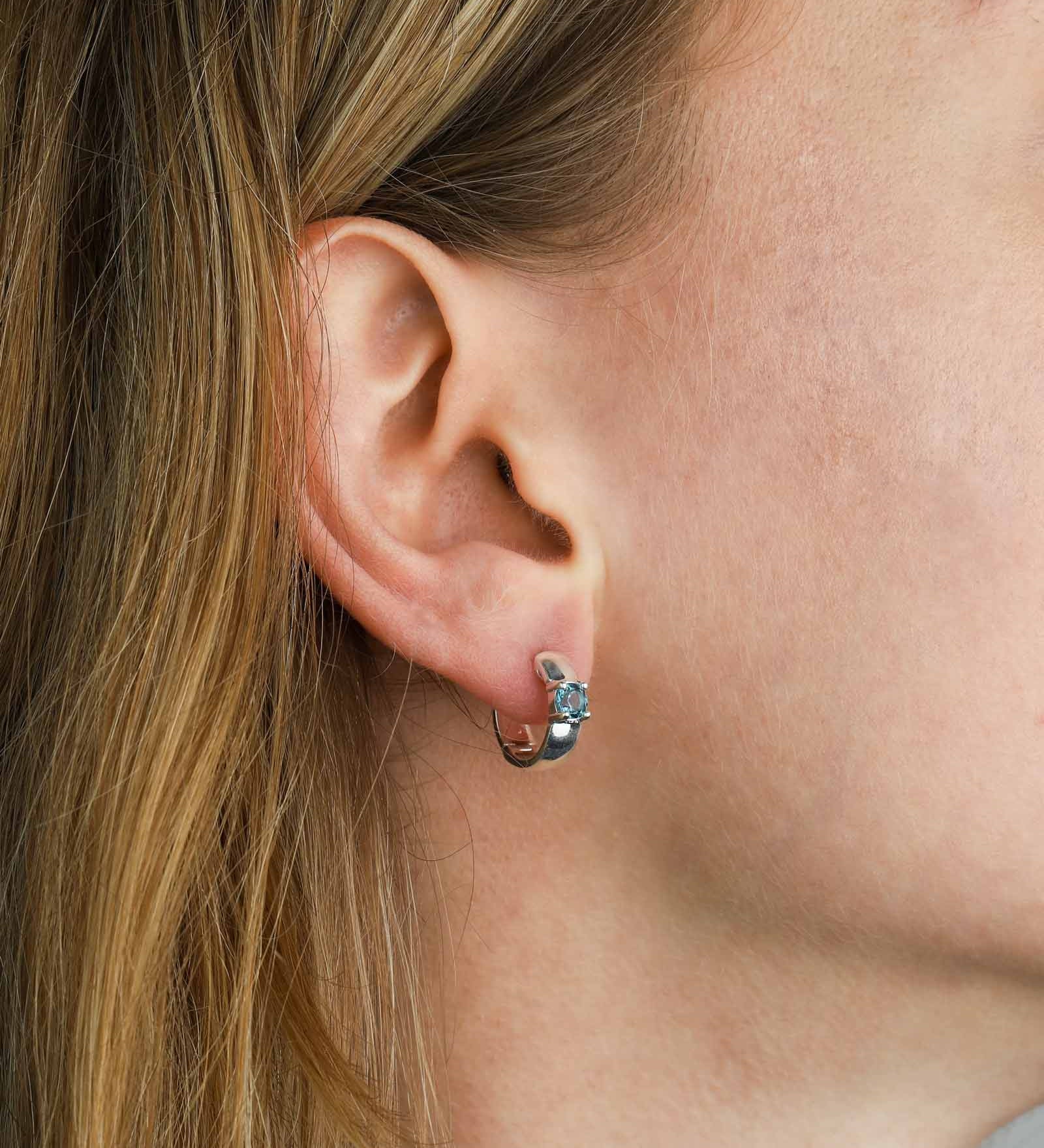 Tashi-Solitaire London Blue Topaz Huggie | 13mm-Earrings-Sterling Silver, London Blue Topaz-Blue Ruby Jewellery-Vancouver Canada
