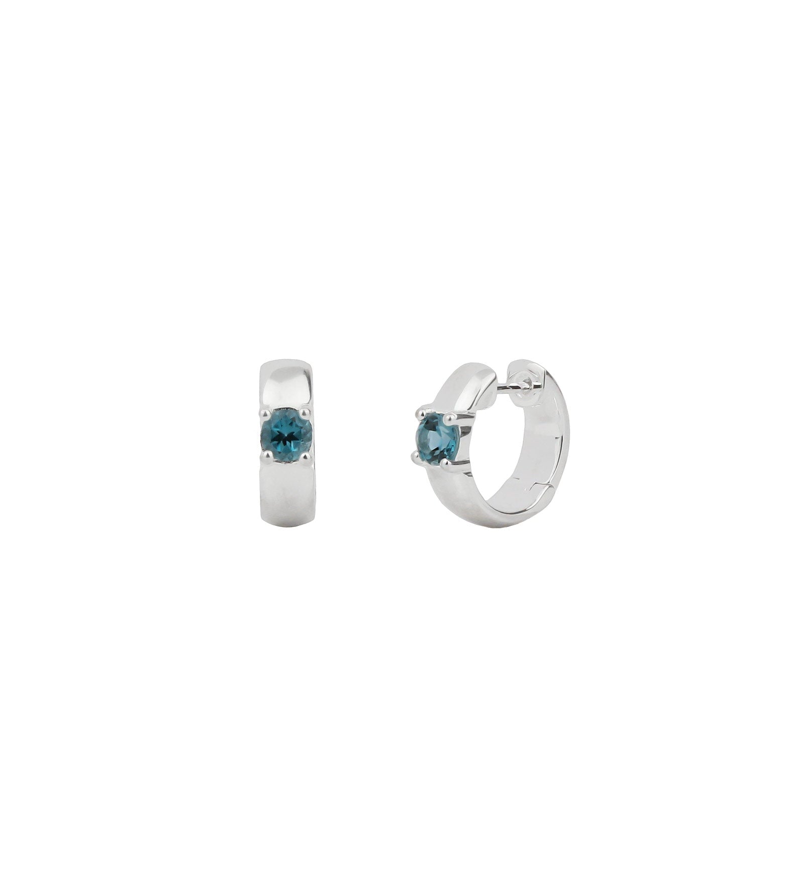 Tashi-Solitaire London Blue Topaz Huggie | 13mm-Earrings-Sterling Silver, London Blue Topaz-Blue Ruby Jewellery-Vancouver Canada
