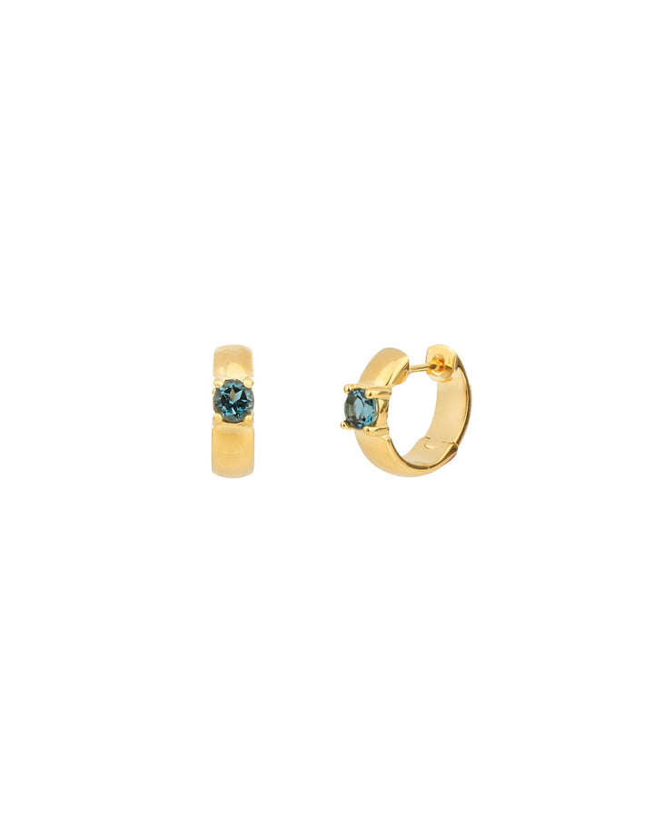 Tashi-Solitaire London Blue Topaz Huggies | 13mm-Earrings-14k Gold Vermeil, London Blue Topaz-Blue Ruby Jewellery-Vancouver Canada