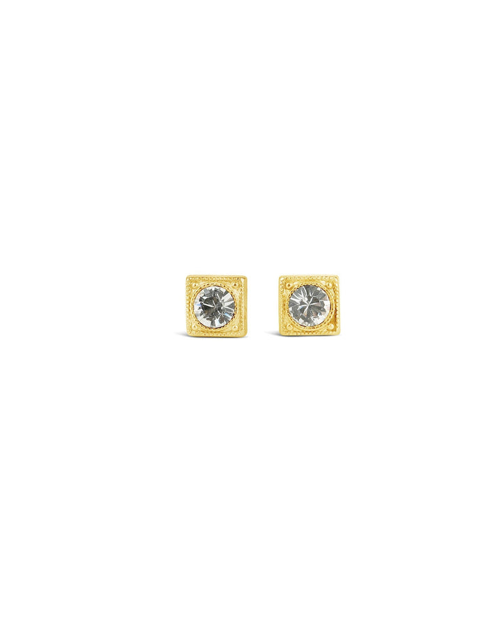 La Vie Parisienne-Square Crystal Studs-Earrings-14k Gold Plated, White Crystal-Blue Ruby Jewellery-Vancouver Canada