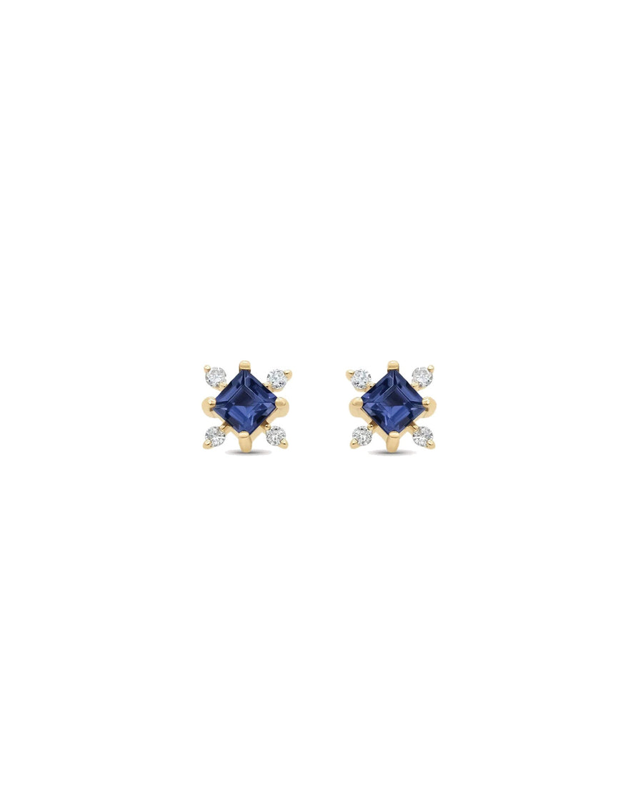 Quiet Icon-Square Sapphire CZ Flower Studs-Earrings-14k Gold Vermeil, Cubic Zirconia-Blue Ruby Jewellery-Vancouver Canada