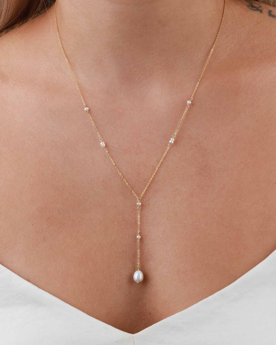 Poppy Rose-Station Pearl Lariat Necklace-Necklaces-14k Gold Fill, White Pearl-Blue Ruby Jewellery-Vancouver Canada