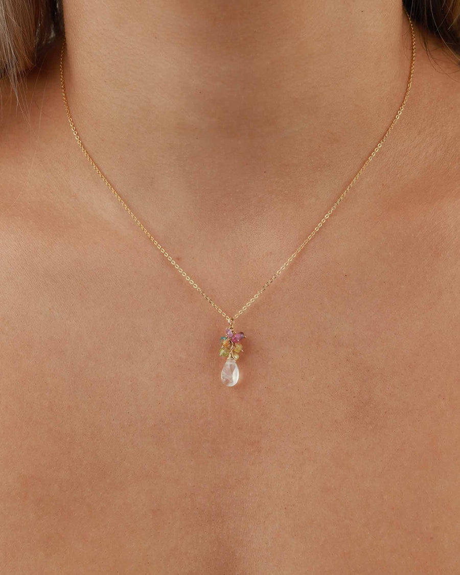 Stone Drop Cluster Necklace 14k Gold Filled, Rainbow Moonstone