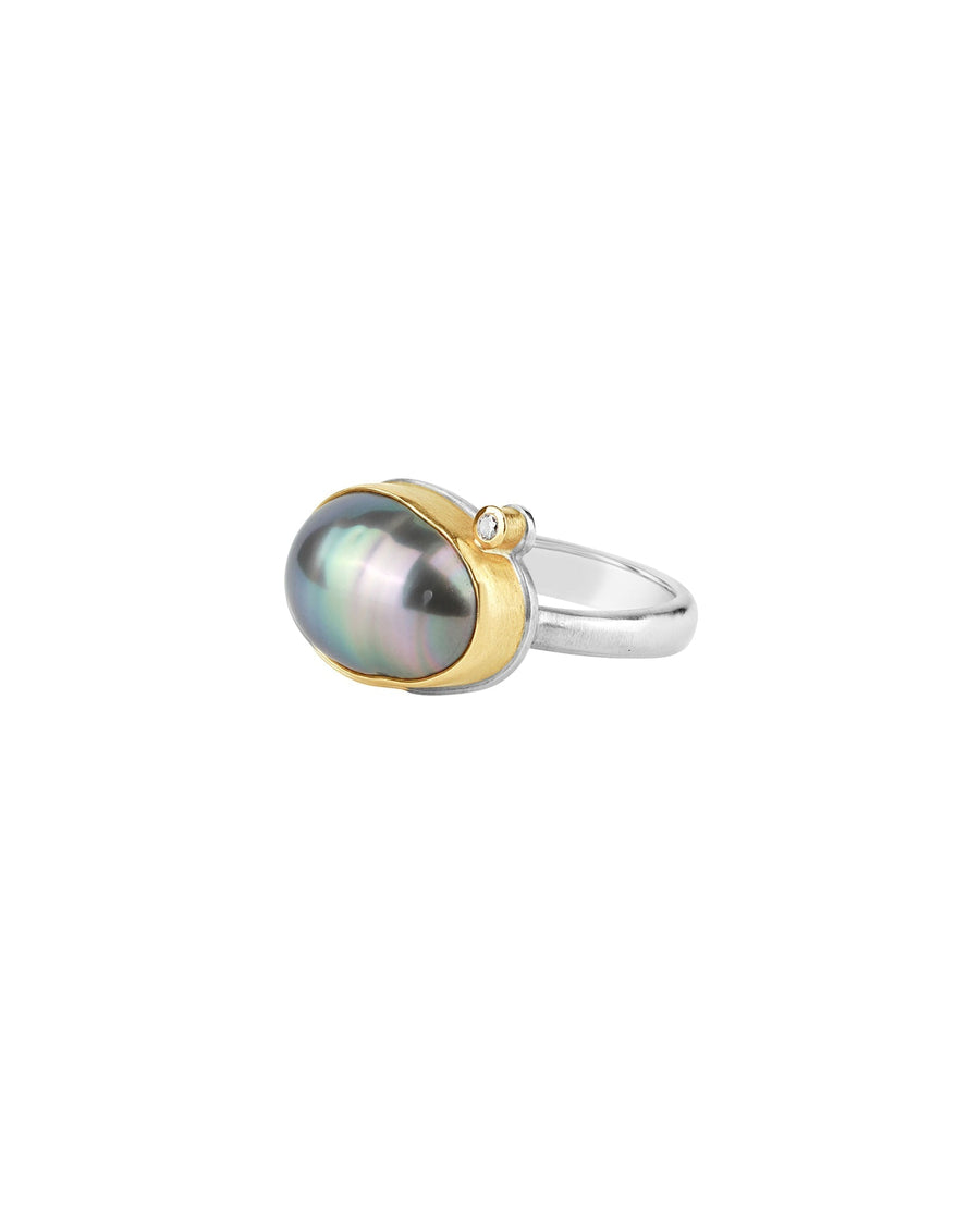 Jamie Joseph-Tahitian Pearl + Diamond Ring-Rings-14k Yellow Gold, Sterling Silver, Grey Pearl, Diamond-6.75-Blue Ruby Jewellery-Vancouver Canada