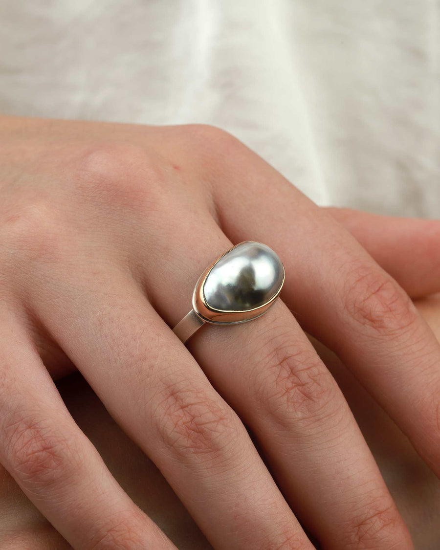 Jamie Joseph-Tahitian Pearl Ring-Rings-14k Yellow Gold, Sterling Silver, Grey Pearl-7.25-Blue Ruby Jewellery-Vancouver Canada
