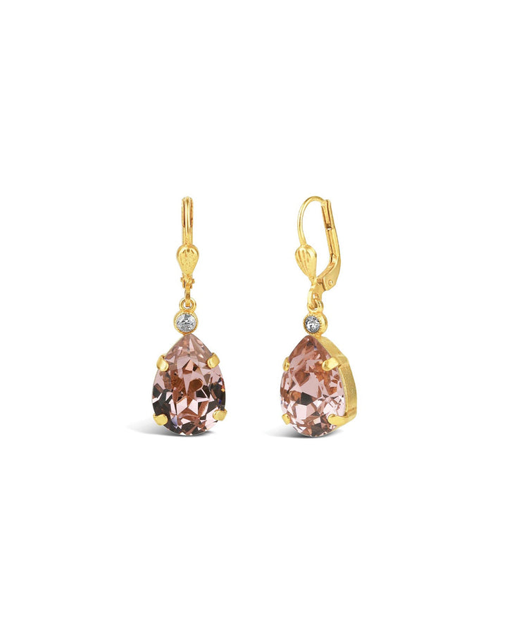 La Vie Parisienne-Teardrop Crystal Hooks-Earrings-14k Gold Plated, Blush Crystal-Blue Ruby Jewellery-Vancouver Canada