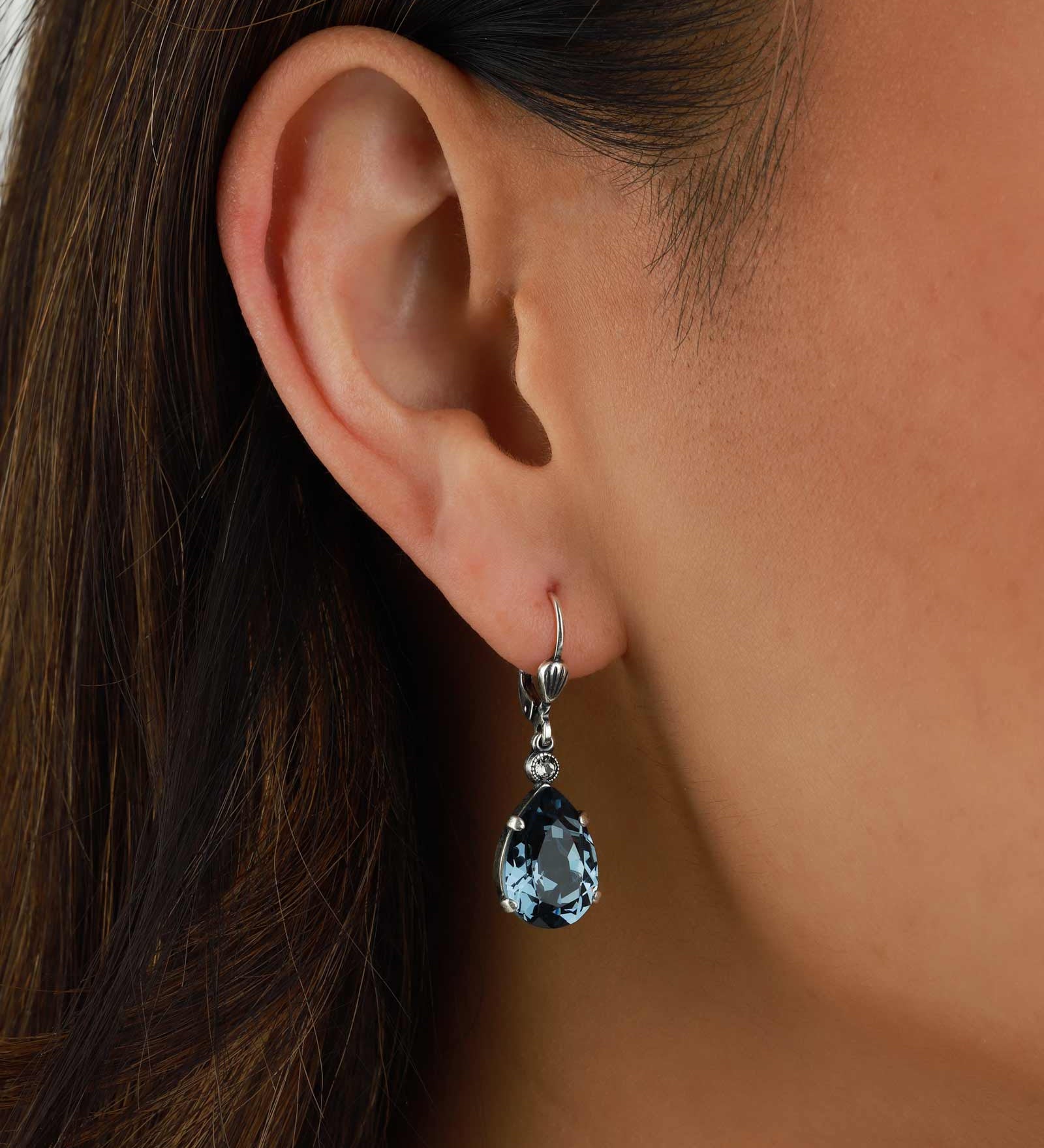 La Vie Parisienne-Teardrop Crystal Hooks-Earrings-Sterling Silver Plated, Midnite Crystal-Blue Ruby Jewellery-Vancouver Canada