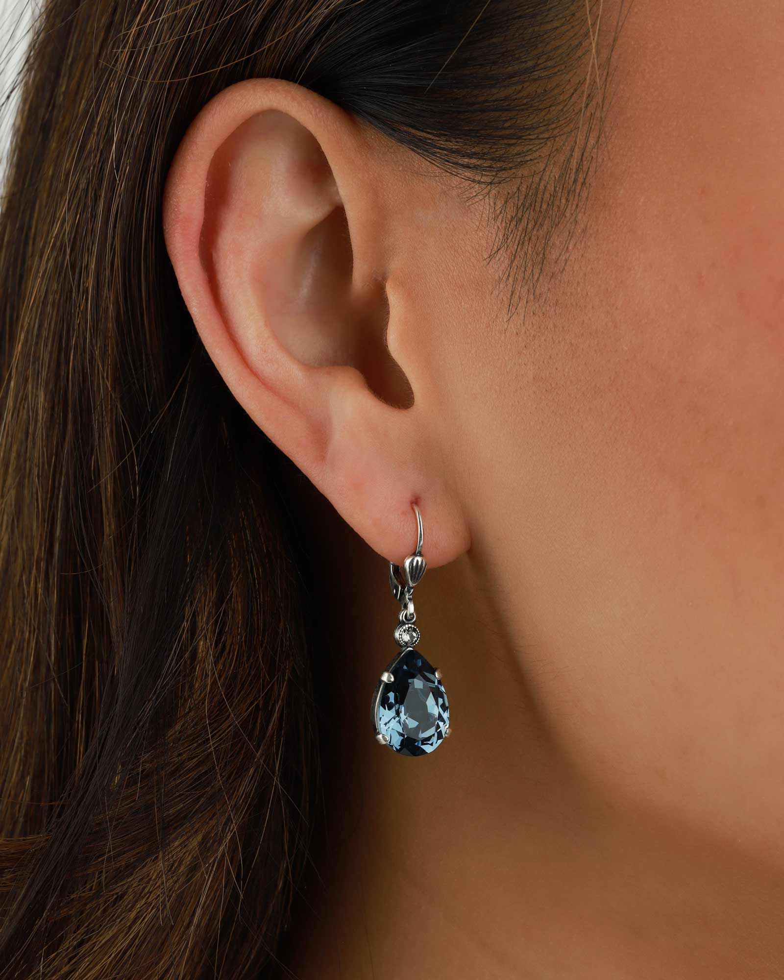 La Vie Parisienne-Teardrop Crystal Hooks-Earrings-Sterling Silver Plated, Midnite Crystal-Blue Ruby Jewellery-Vancouver Canada