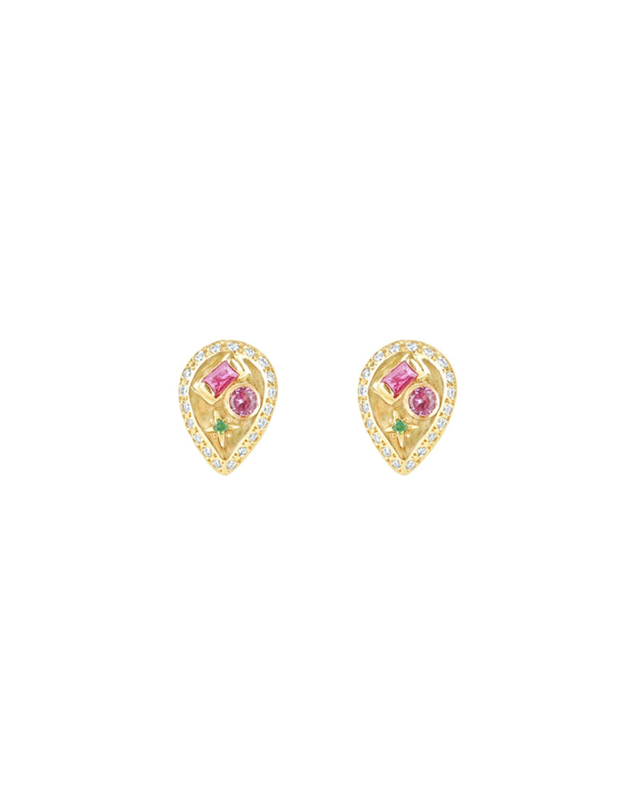 Scosha-Teardrop Mixed Gems Stud-Earrings-14k Yellow Gold, Ruby, Pink Sapphire, Emerald-Blue Ruby Jewellery-Vancouver Canada