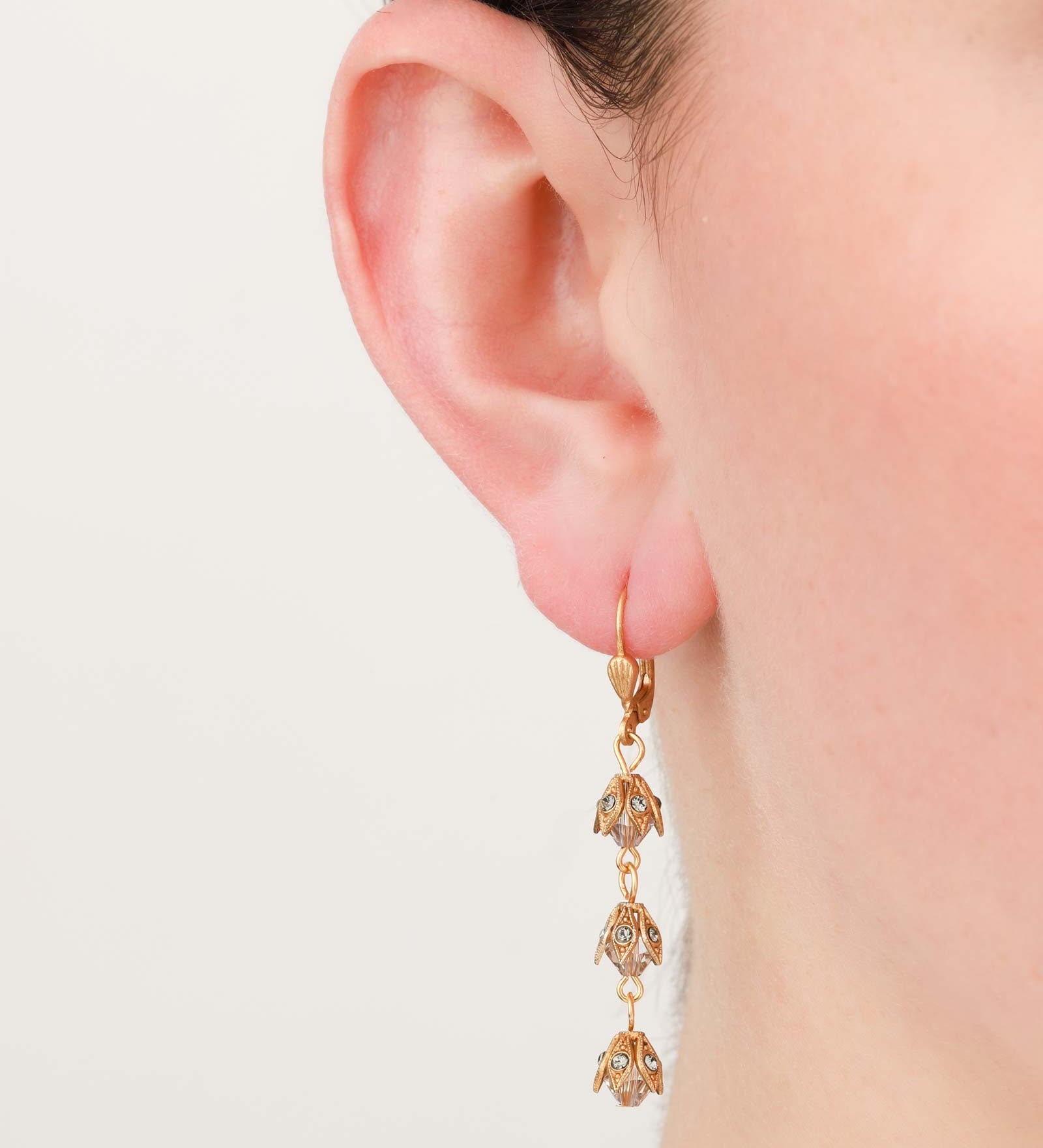 La Vie Parisienne-Three Crystal Leaf Hooks-Earrings-14k Gold Plated-Blue Ruby Jewellery-Vancouver Canada
