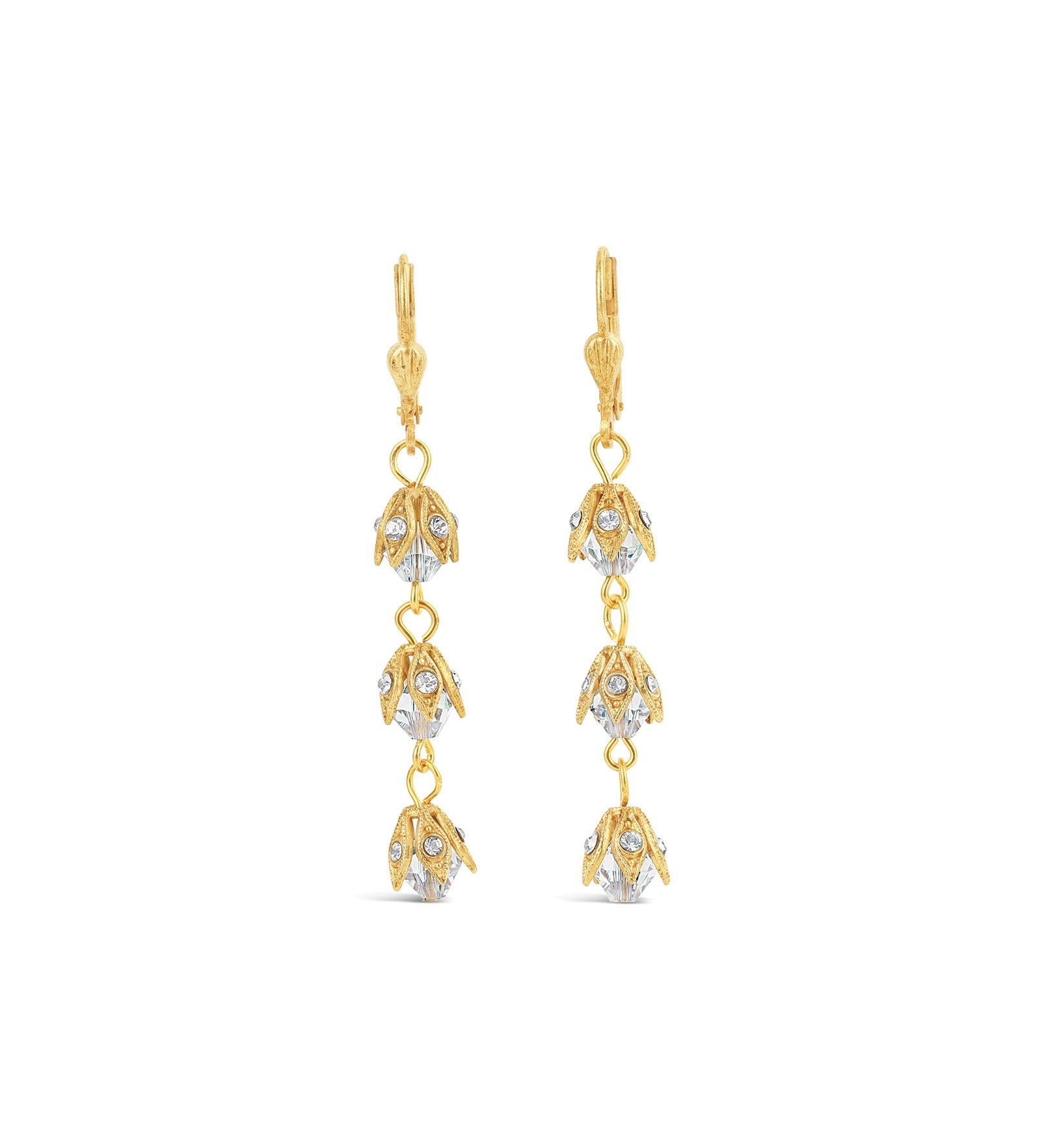 La Vie Parisienne-Three Crystal Leaf Hooks-Earrings-14k Gold Plated-Blue Ruby Jewellery-Vancouver Canada