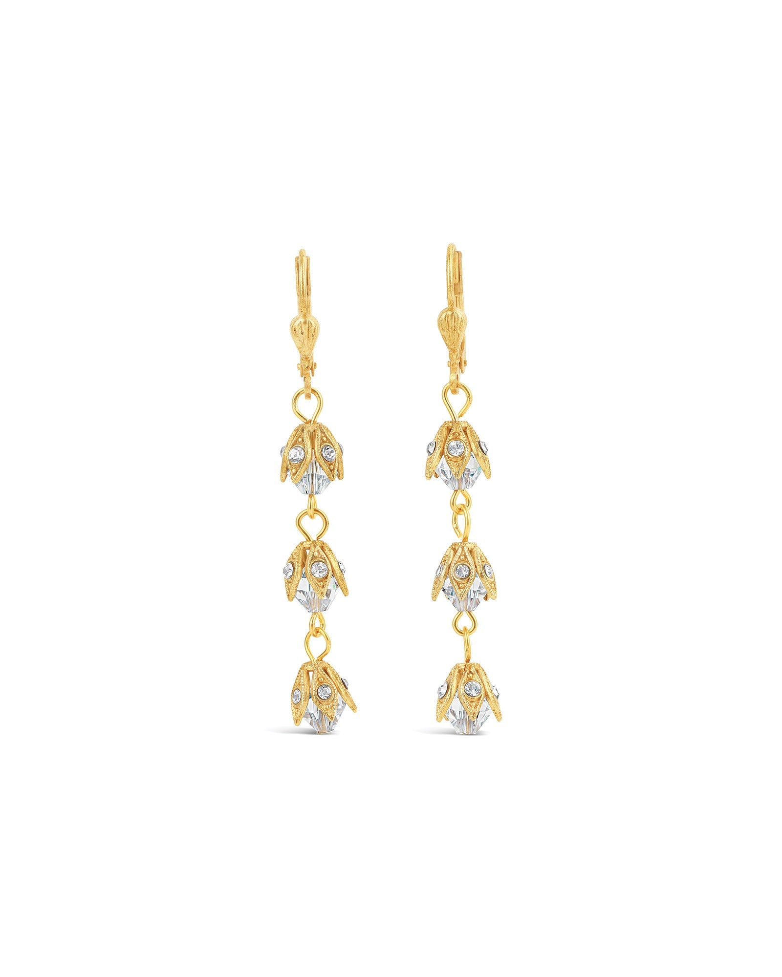 La Vie Parisienne-Three Crystal Leaf Hooks-Earrings-14k Gold Plated-Blue Ruby Jewellery-Vancouver Canada