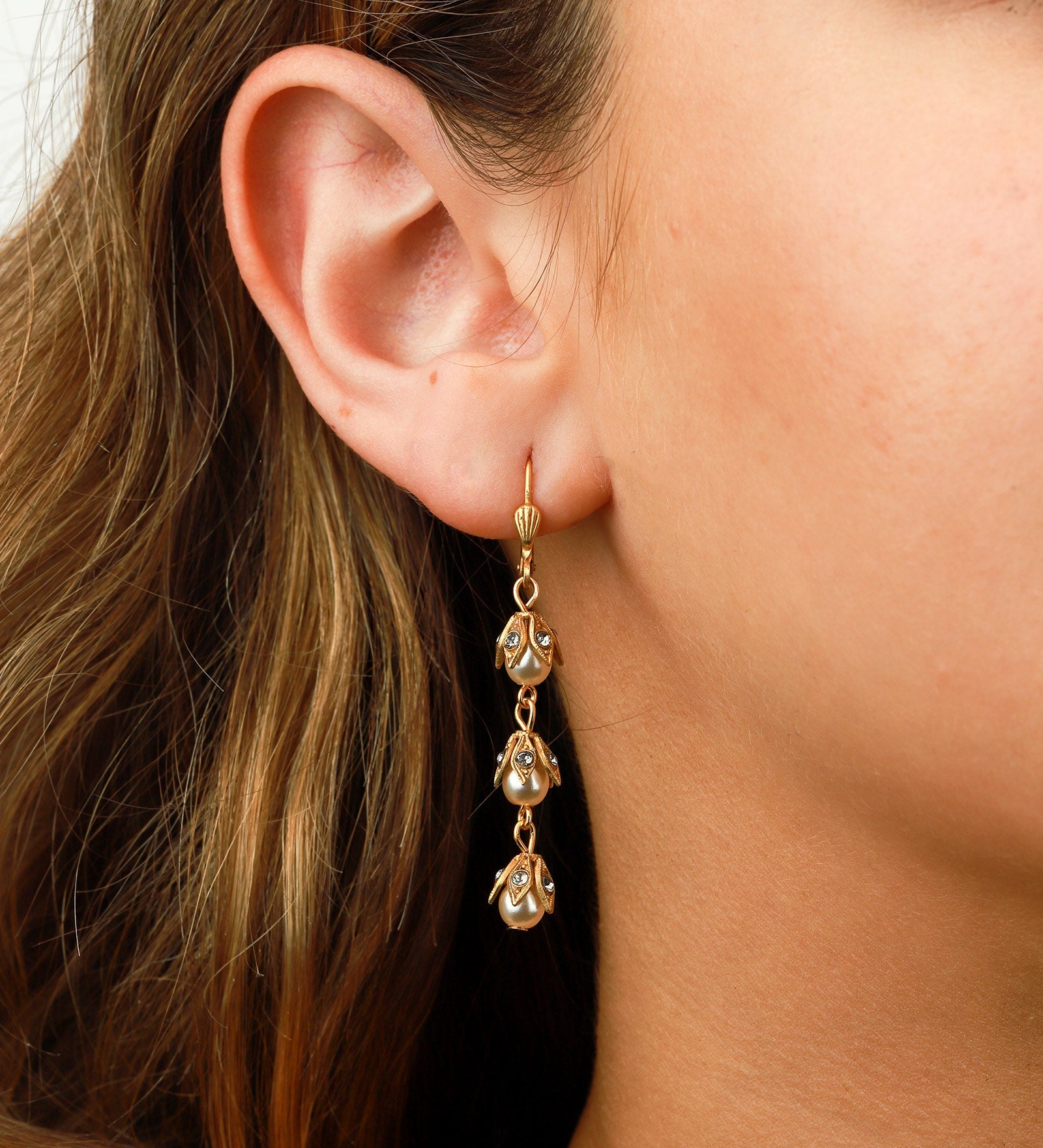 La Vie Parisienne-Three Pearl Leaf Hooks-Earrings-14k Gold Plated-Blue Ruby Jewellery-Vancouver Canada