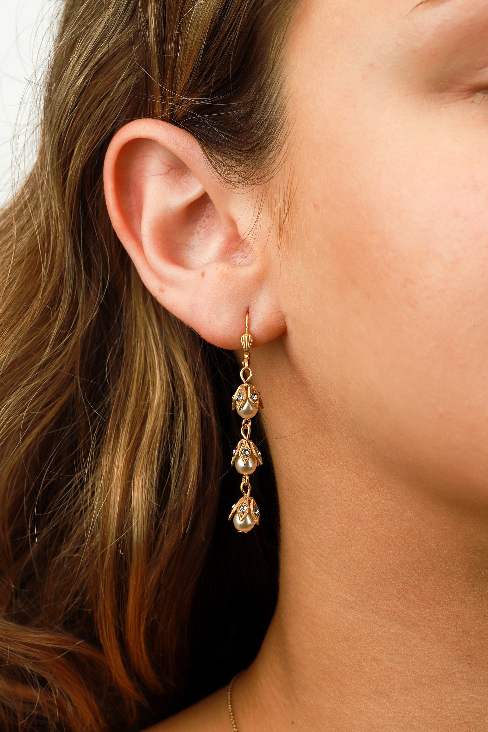 La Vie Parisienne-Three Pearl Leaf Hooks-Earrings-14k Gold Plated-Blue Ruby Jewellery-Vancouver Canada