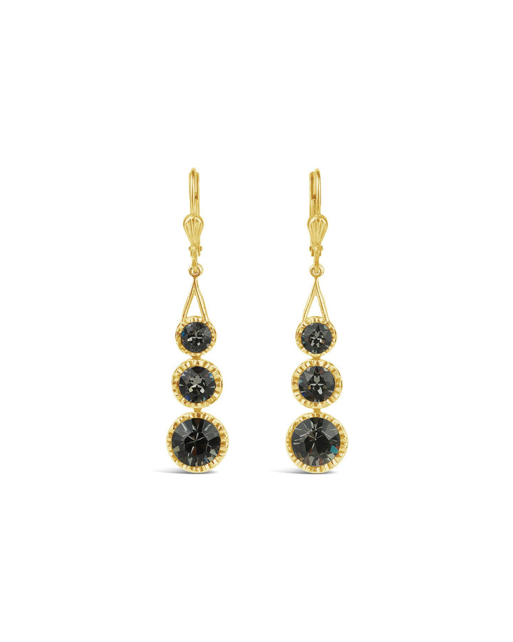 La Vie Parisienne-Three Round Crystal Hooks-Earrings-14k Gold Plated, Black Diamond Crystal-Blue Ruby Jewellery-Vancouver Canada