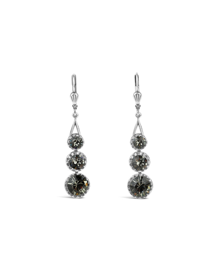 La Vie Parisienne-Three Round Crystal Hooks-Earrings-Sterling Silver Plated, Black Diamond Crystal-Blue Ruby Jewellery-Vancouver Canada