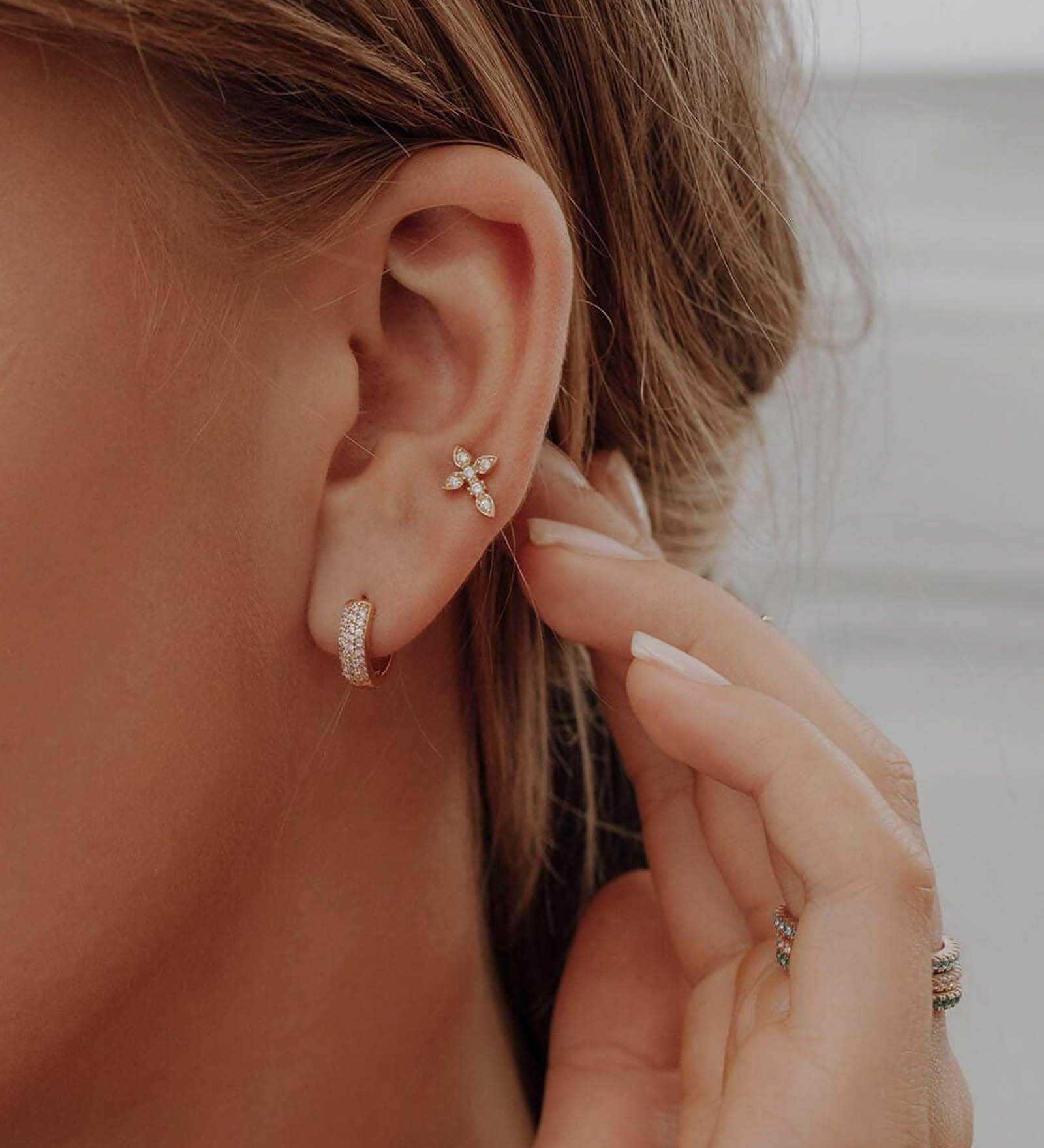 Quiet Icon-Three Row Pavé CZ Huggies I 12mm-Earrings-14k Gold Vermeil, Cubic Zirconia-Blue Ruby Jewellery-Vancouver Canada