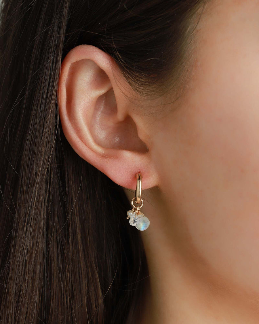Poppy Rose-Three Stone Drop Huggies I 12mm-Earrings-14k Gold-fill, Moonstone, White Zircon Freshwater Pearl-Blue Ruby Jewellery-Vancouver Canada