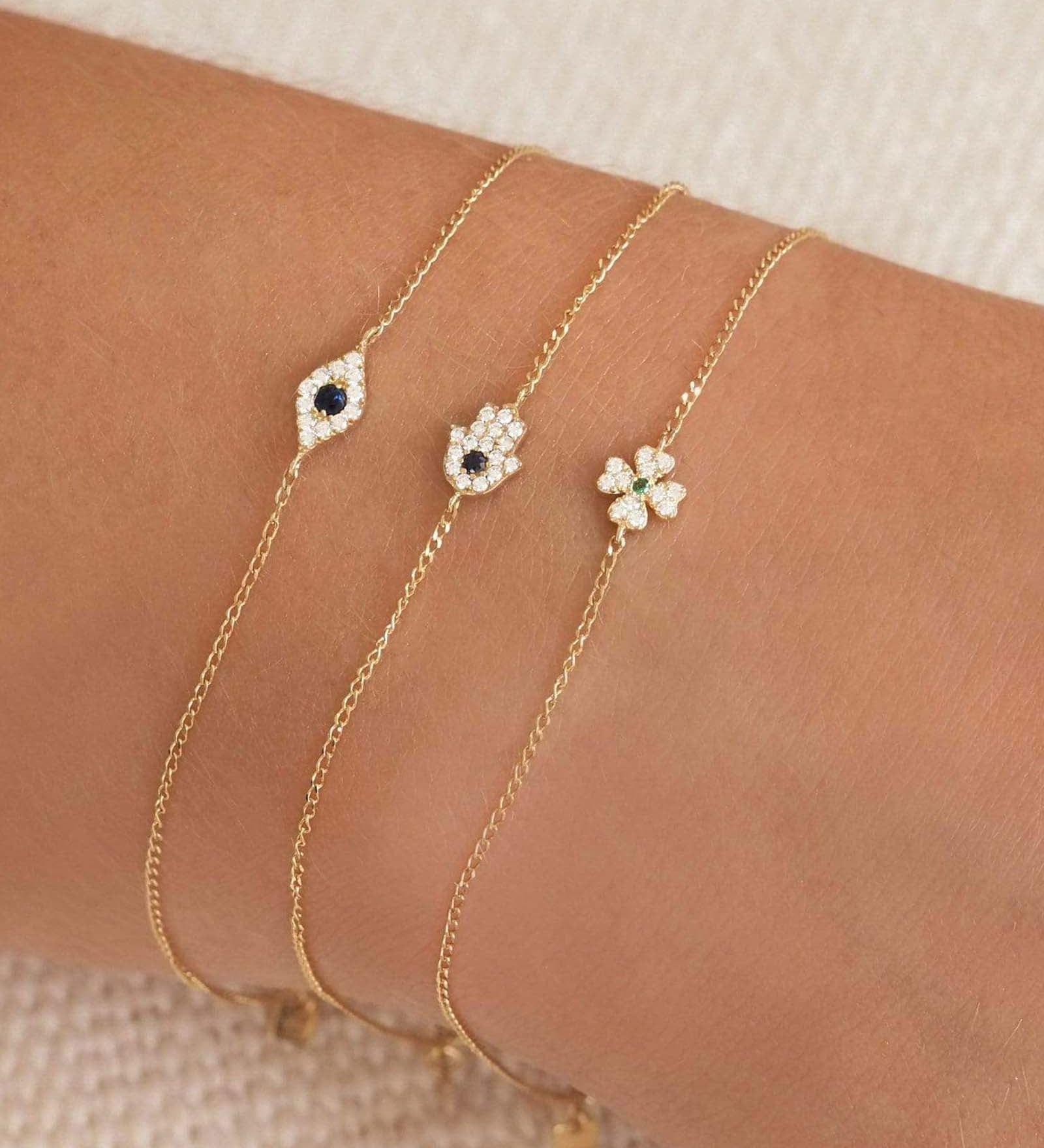 Quiet Icon-Tiny Evil Eye CZ Bracelet-Bracelets-14k Gold Vermeil, White Cubic Zirconia, Blue Cubic Zirconia-Blue Ruby Jewellery-Vancouver Canada