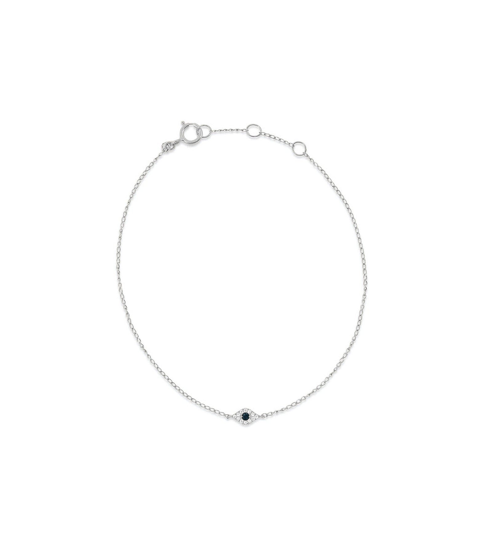 Quiet Icon-Tiny Evil Eye CZ Bracelet-Bracelets-Rhodium Plated Sterling Silver, White Cubic Zirconia, Blue Cubic Zirconia-Blue Ruby Jewellery-Vancouver Canada