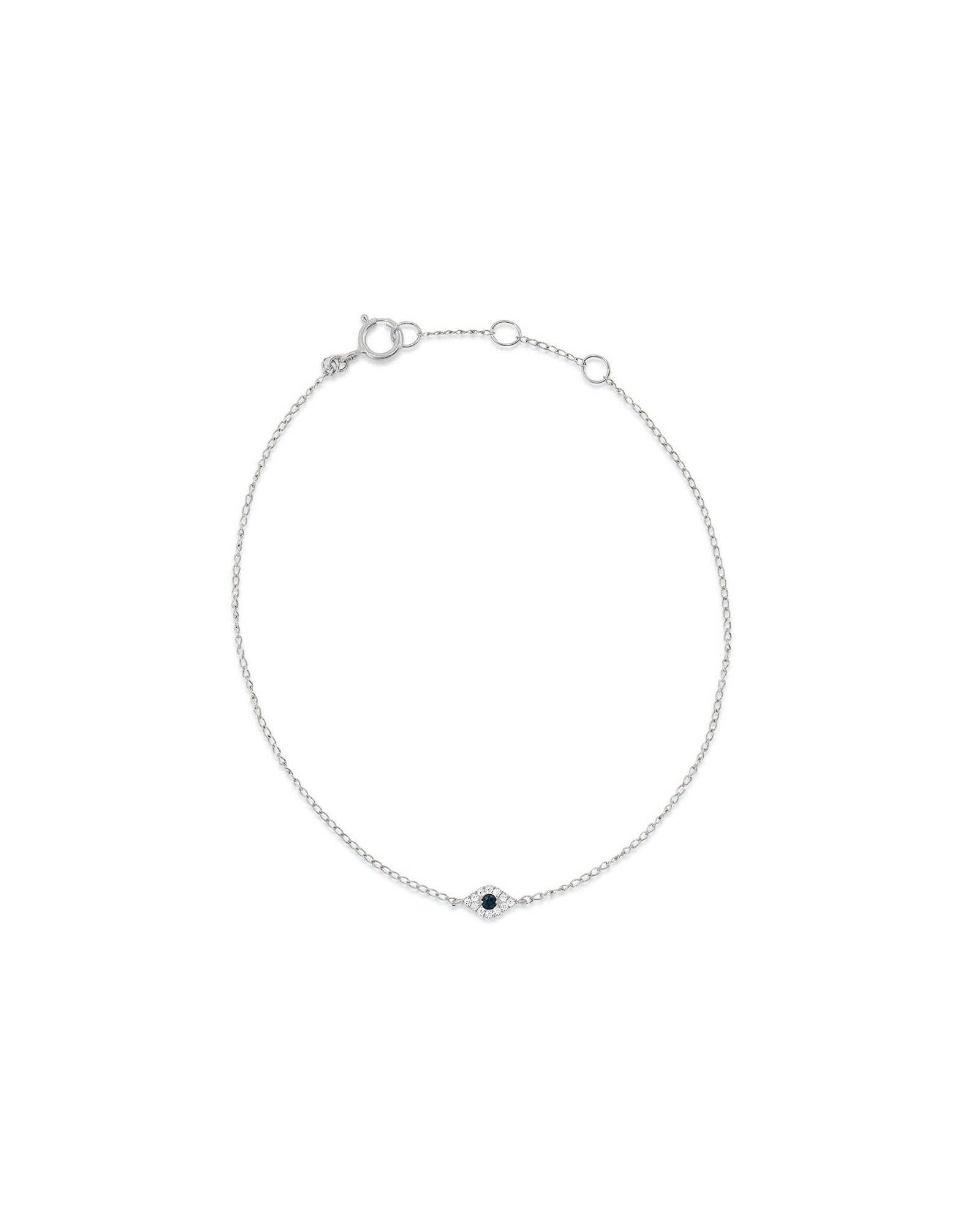 Quiet Icon-Tiny Evil Eye CZ Bracelet-Bracelets-Rhodium Plated Sterling Silver, White Cubic Zirconia, Blue Cubic Zirconia-Blue Ruby Jewellery-Vancouver Canada