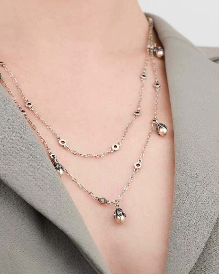 La Vie Parisienne-Two Row Cap Crystal Necklace-Necklaces-Sterling Silver Plated, White Pearl, Black Diamond Crystal-Blue Ruby Jewellery-Vancouver Canada