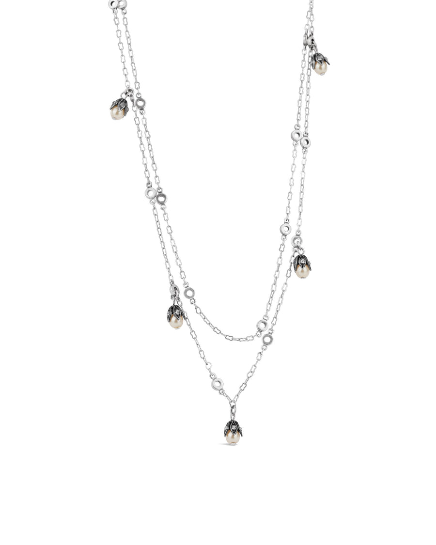 La Vie Parisienne-Two Row Cap Crystal Necklace-Necklaces-Sterling Silver Plated, White Pearl, Black Diamond Crystal-Blue Ruby Jewellery-Vancouver Canada