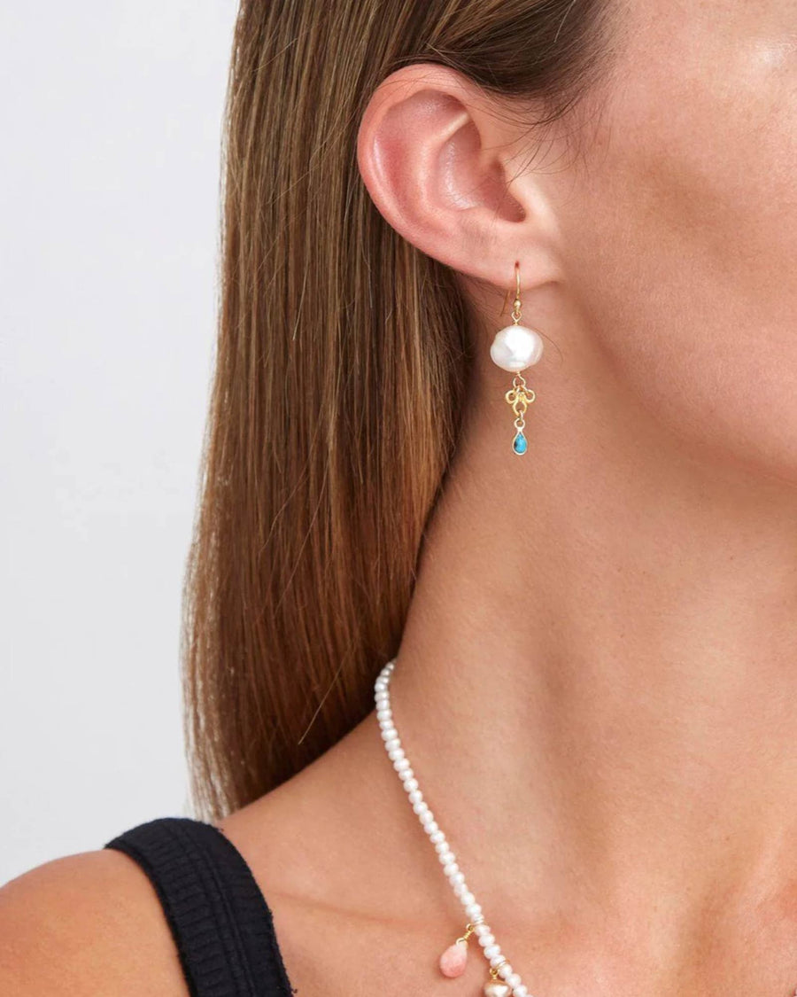 Chan Luu-White Pearl and Turquoise Loop Earrings-Earrings-18k Gold Vermeil, White Pearl-Blue Ruby Jewellery-Vancouver Canada